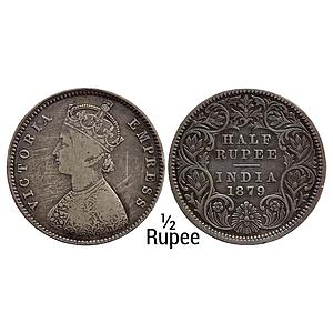 British India Victoria Empress 1879 AD Calcutta Mint Obv A Rev I C Incuse Silver 1/2 Rupee