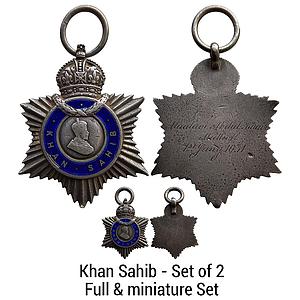 British India George V Khan Sahib along with a miniature awarded to Maulavi Abdul Khair Mu