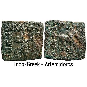 Ancient Indo-Greeks Artemidoros Aniketos Bronze Hemi Obol