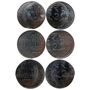 Republic India Set of 3 Coins Side Shifting Error Double Side Error Stainless Steel 2 Rupe