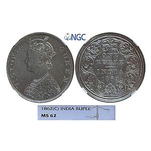 British India Victoria Queen 1862 AD Madras Mint B / II Silver Rupee