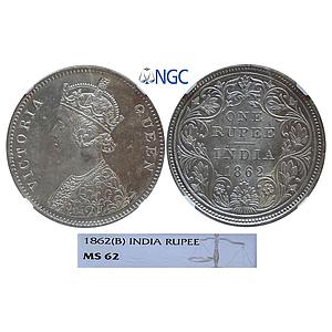 British India Victoria Queen 1862 AD Bombay Mint A / II / 0 / 4 Silver Rupee