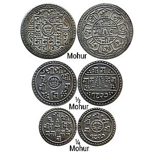Nepal Shah Dynasty Prithvi Bir Bikram SE 1827 Set of 3 Coins Silver 1 Mohur & 1/2 Mohurs &