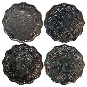 British India George VI 1939 AD 1941 AD Set of 2 Coins Cupro-Nickel 1 Anna