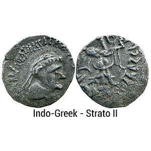 Ancient Indo-Greeks Strato II with III Silver Drachm