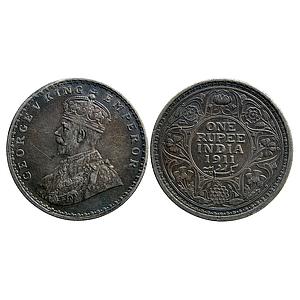 British India George V 1911 AD Calcutta Mint Silver Rupee