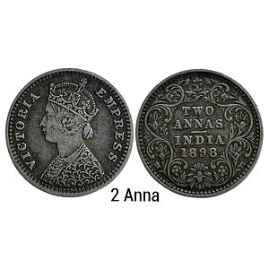 British India Victoria Empress 1898 AD B II C incuse Calcutta Mint Silver 2 Annas