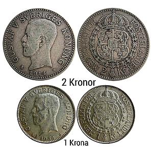 Sweden Gustaf V 1914 1938 AD Kungliga Myntet Mint Set of 2 Coins Silver (.800) 2 Kronor (2