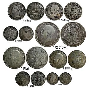 United Kingdom Set of 8 Coins Victoria George V George VI 1 Shilling (3) 6 Pence 1/2 Crown