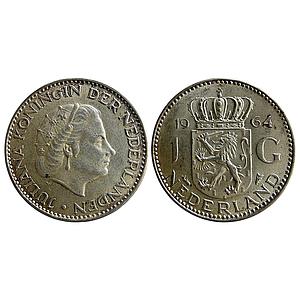 Netherlands Juliana 1964 AD Silver (.720) (28% copper) 1 Gulden (1 NLG)