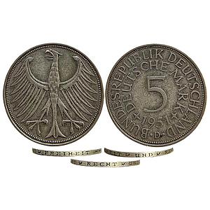 Federal Republic of Germany 1951 AD Munich Mint Silver (.625) (Copper .375) 5 Deutsche Mar