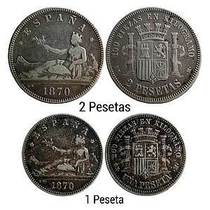 Spain Provisional Government Set of 2 Pesetas 1870 AD Silver (.835) 2 Pesetas (2 ESP) & 1 