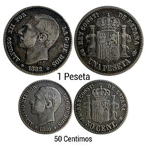 Spain Alfonso XII 1882 AD 1880 AD Set of 2 Coins Silver (.835) 1 Peseta (1 ESP) & 50 Centi