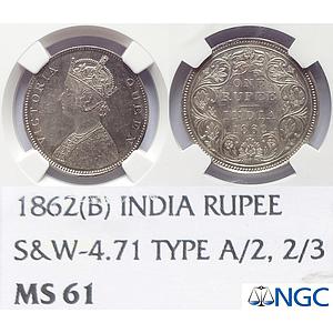 British India, Victoria Queen, 1862 AD, Bombay Mint, B / II / 2 / 3, Silver Rupee, NGC, MS