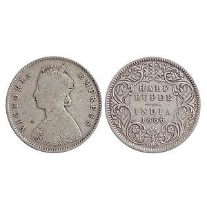 British India, Victoria Empress, 1886 AD, Calcutta Mint, A / I / C incuse, Silver "1/2 Rup