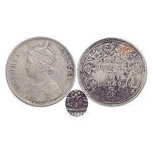 British India, Victoria Queen, 1862 AD, Bombay Mint, A / II / 0 / 4 / 1 dots, Silver Rupee