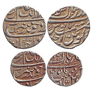 Mughal, Aurangzeb, Bandar e-Mubarak Surat Mint, Set of 2 coins, Silver Rupee & 1/2 Rupee