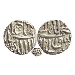 Mughal, Akbar, Mulher Mint (off flan), "Swastik" as a mint mark, Silver 1/2 Mahmudi