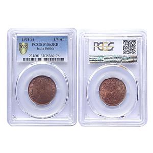 British India, Victoria Empress, 1901 AD, Calcutta Mint, Copper 1/4 Anna