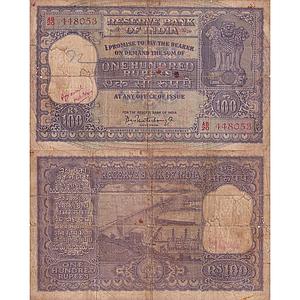 India Reserve Bank of India 100 Rupees signed by P.C. Bhattacharya Serial # AB20 448053 in