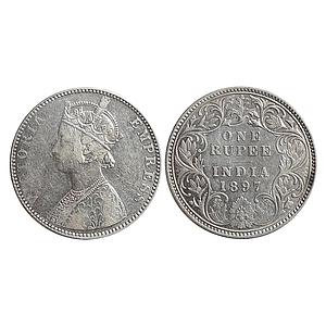 British India Victoria Empress 1897 AD Bust C2 Rev I B incuse Bombay Mint Silver Rupee