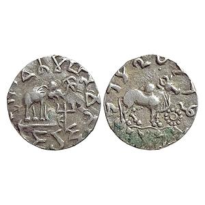Ancient Punjab Mahadeva type elephant to right Silver Drachm