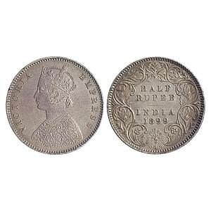 British India Victoria Empress 1899 AD Obv. A Rev. I C Incuse Calcutta Mint Silver 1/2 Rup