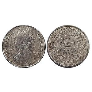 British India Victoria Empress 1883 AD Obv. A Rev. I C incuse Calcutta Mint Silver 1/2 Rup
