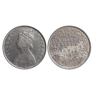 British India Victoria Empress 1881 AD Obv. A Rev. I C Incuse Calcutta Mint Silver 1/2 Rup