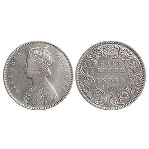 British India Victoria Empress 1899 AD Obv. A Rev. I C Incuse Calcutta Mint Silver 1/2 Rup