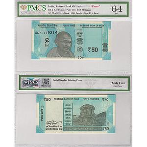 India Reserve Bank of India 50 Rupees Urjit R. Patel Year - 2018 ERROR - Serial Number Pri