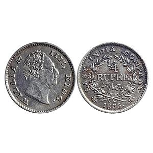 EIC William IV 1835 AD F raised Wreath with 18 Berries (10L+8R) Calcutta Mint Silver ¼ Rup