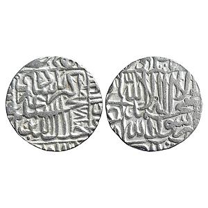Mughal Akbar Hazrat Delhi Mint on the top written upside down Silver Rupee