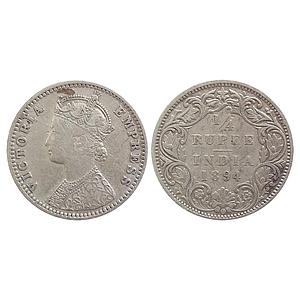 British India Victoria Empress 1894 AD Obv C Rev I B incuse Bombay Mint Silver 1/4 Rupee