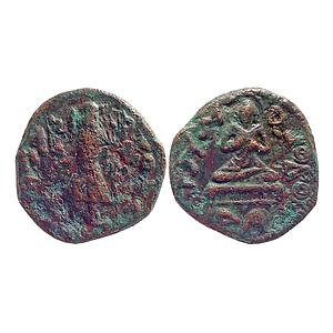 Ancient Kushans seated Buddha Dharamchakra Type Kanishka I Copper Tetradrachm