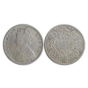 British India Victoria Queen 1874 AD Obv B2 Rev II with dot Bombay Mint Silver 1/2 Rupee