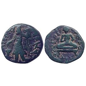 Ancient Kushans seated Buddha Abhayamudra Type Kanishka I Copper Tetradrachm