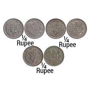 British India George VI 1945 AD Rev III / dot Large and Open 5 Bombay Mint Set of 3 Coins 