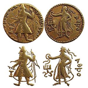 Ancient Kushanas Kanishka I Gold Dinara With God of metals Athsho