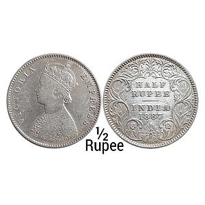 British India Victoria Empress 1887 AD Obv. A Rev I "C" incuse Calcutta Mint Silver 1/2 Ru