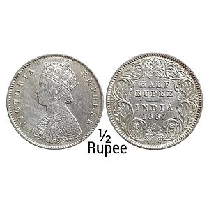 British India Victoria Empress 1887 AD Obv. A Rev I "C" incuse Calcutta Mint Silver 1/2 Ru