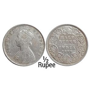 British India Victoria Empress 1889 AD Obv. A Rev. I "C" incuse Calcutta Mint Silver 1/2 R