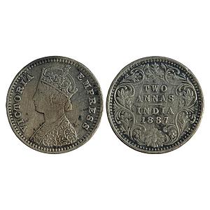 British India Victoria Empress 1887 AD Obv. B Rev. II B incuse Bombay Mint Silver 2 Annas