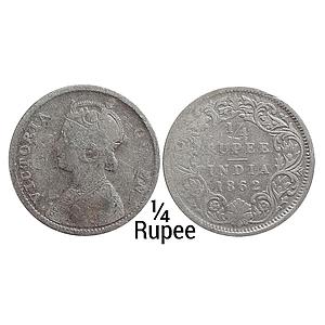 British India Victoria Queen 1862 AD Obv. A Rev. I No mint mark Calcutta Mint Silver 1/4 R