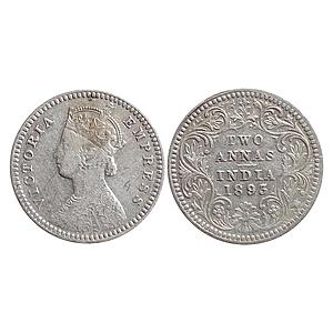 British India Victoria Empress 1893 AD Obv. B Rev. II C incuse Calcutta Mint Silver 2 Anna