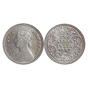 British India Victoria Empress 1887 AD Obv. B Rev. II C incuse Calcutta Mint Silver 2 Anna