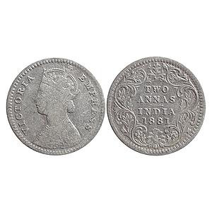British India Victoria Empress 1881 AD Obv. B Rev. II C incuse Calcutta Mint Silver 2 Anna