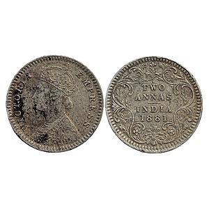 British India Victoria Empress 1881 AD Obv. B Rev. II C incuse Calcutta Mint Silver 2 Anna