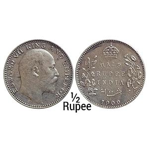 British India Edward VII 1909 AD No mint mark Calcutta Mint Silver 1/2 Rupee