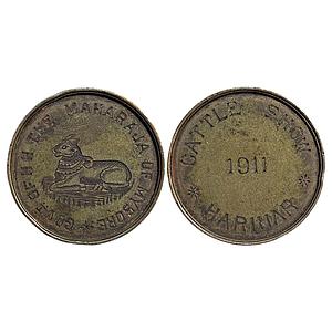 Mysore State Krishnaraja Wadiyar IV Cattle show Harihar 1911 AD Silver Token